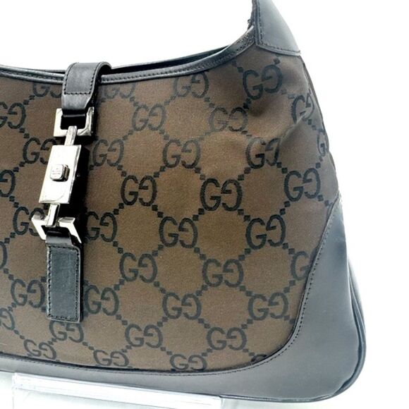 Auth Gucci Supreme Dark Brown Nylon Leather Trim Jackie Shoulder Bag Preloved Ex - Picture 2 of 16